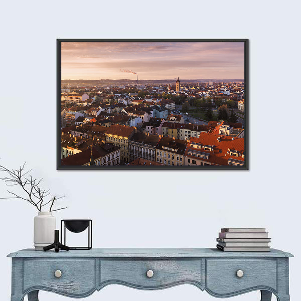 Red Tiled Rooftops at Golden Hour Wall Art in a room, landscape