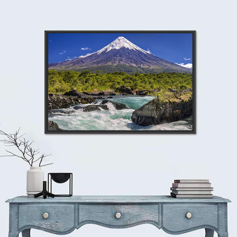 Osorno Volcano Over Petrohue Rapids Wall Art in a room, landscape