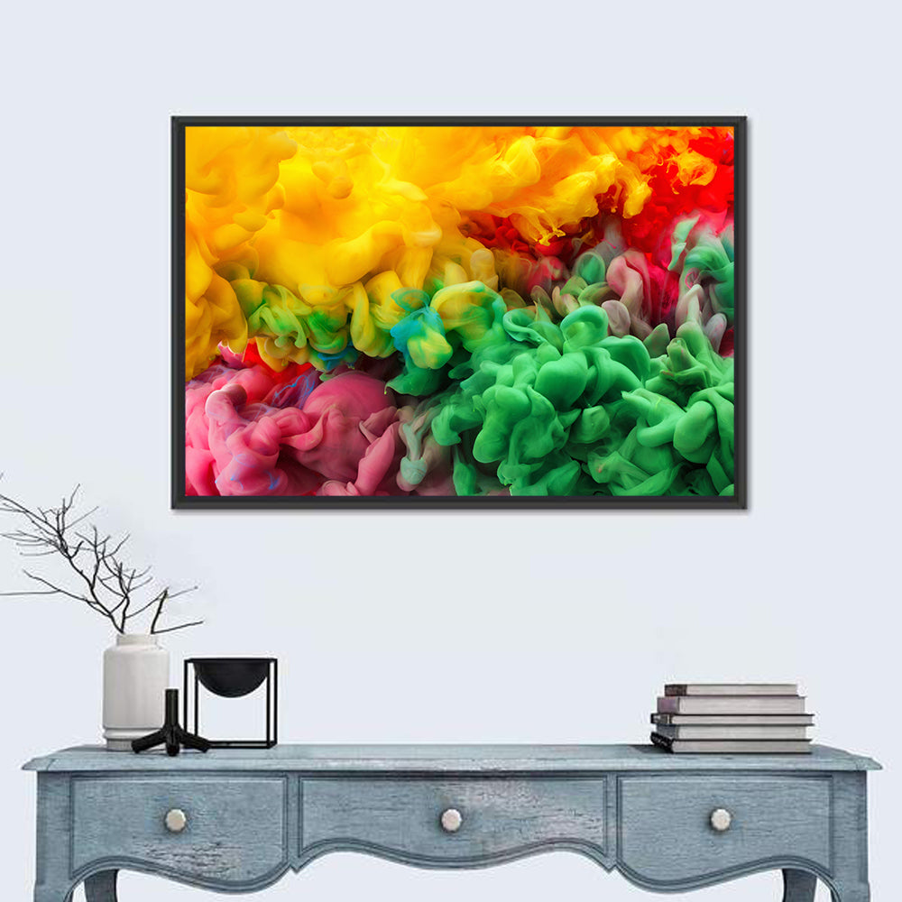 Vibrant Underwater Ink Cloud Abstract Wall Art in a room, landscape