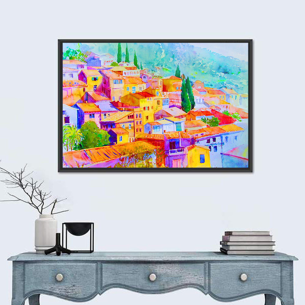 Mediterranean Hillside Watercolor Village Wall Art in a room, landscape