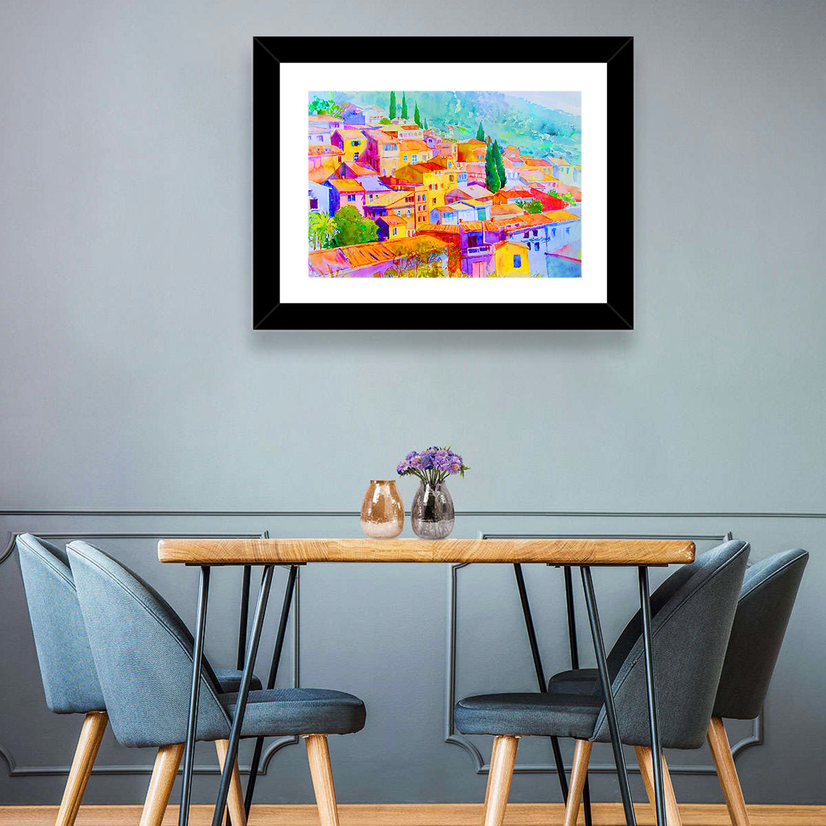 Mediterranean Hillside Watercolor Village Wall Art in a room, landscape