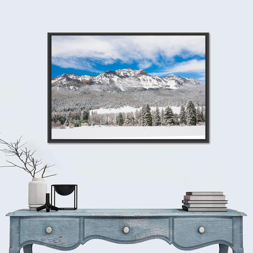 Colorado Snowy Mountain Cabin Wall Art in a room, landscape