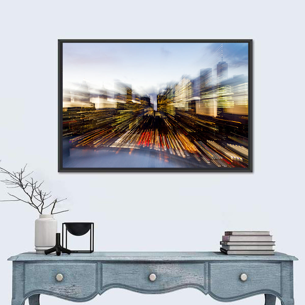 Zoom Burst Skyline Abstract Wall Art in a room, landscape
