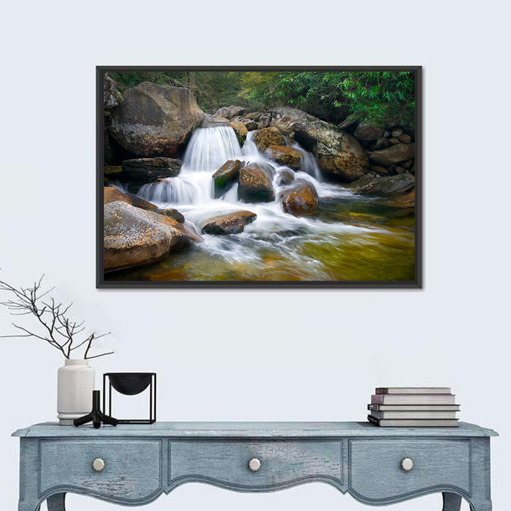 Blue Ridge Mossy Waterfall Wall Art in a room, landscape