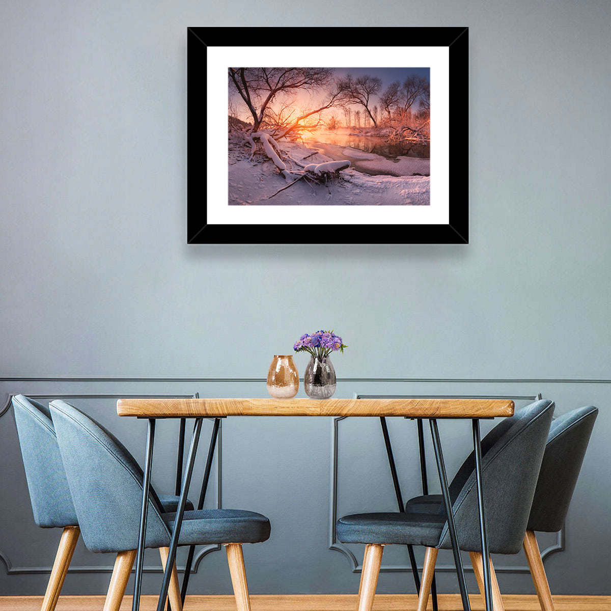 Sunset Over Snowy Forest Lake Wall Art