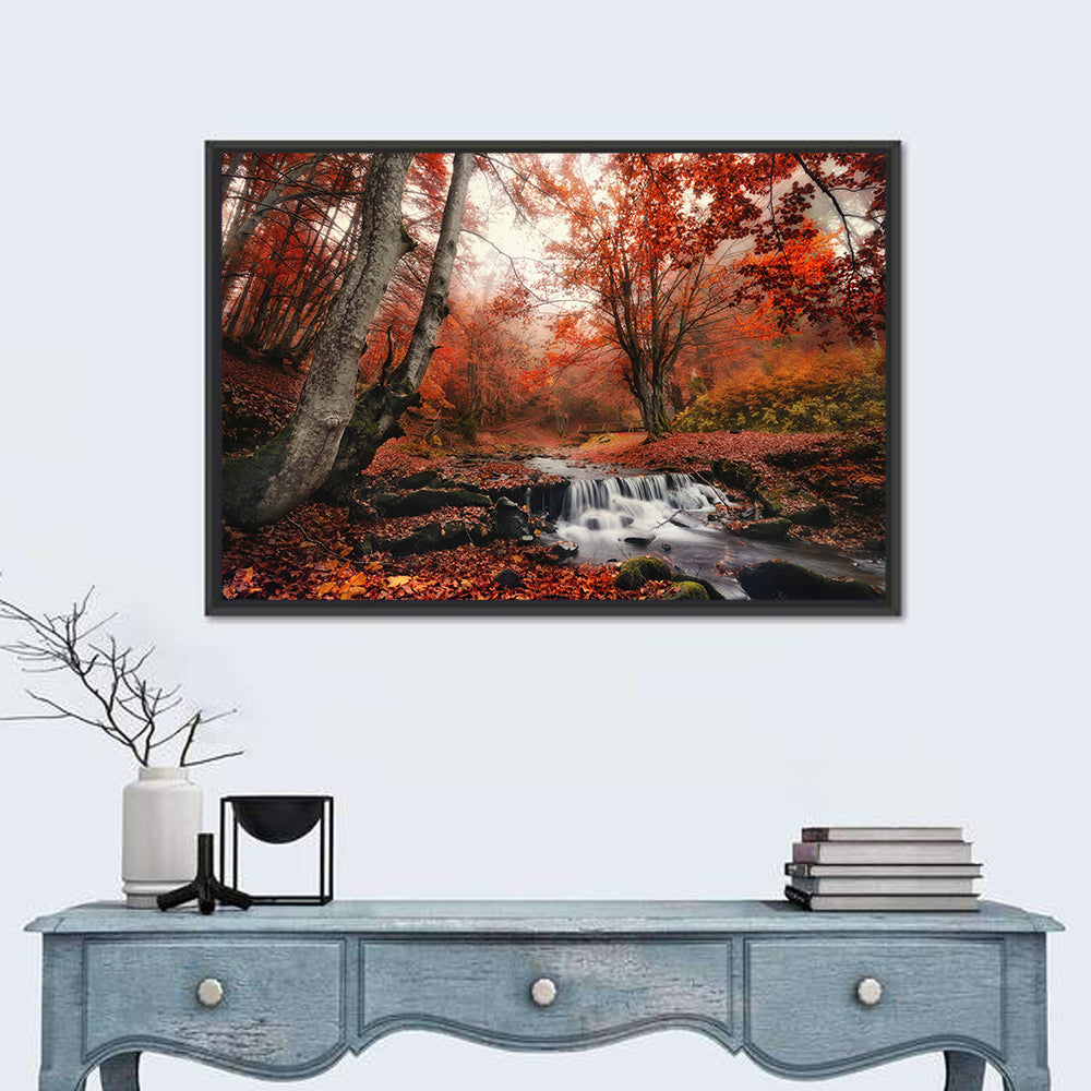 Autumn Forest Stream with Footbridge Wall Art