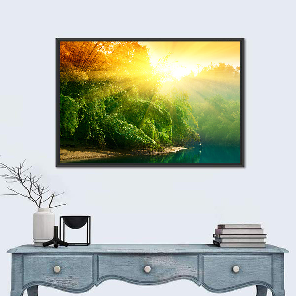 Golden Bamboo Riverbank Wall Art in a room, landscape