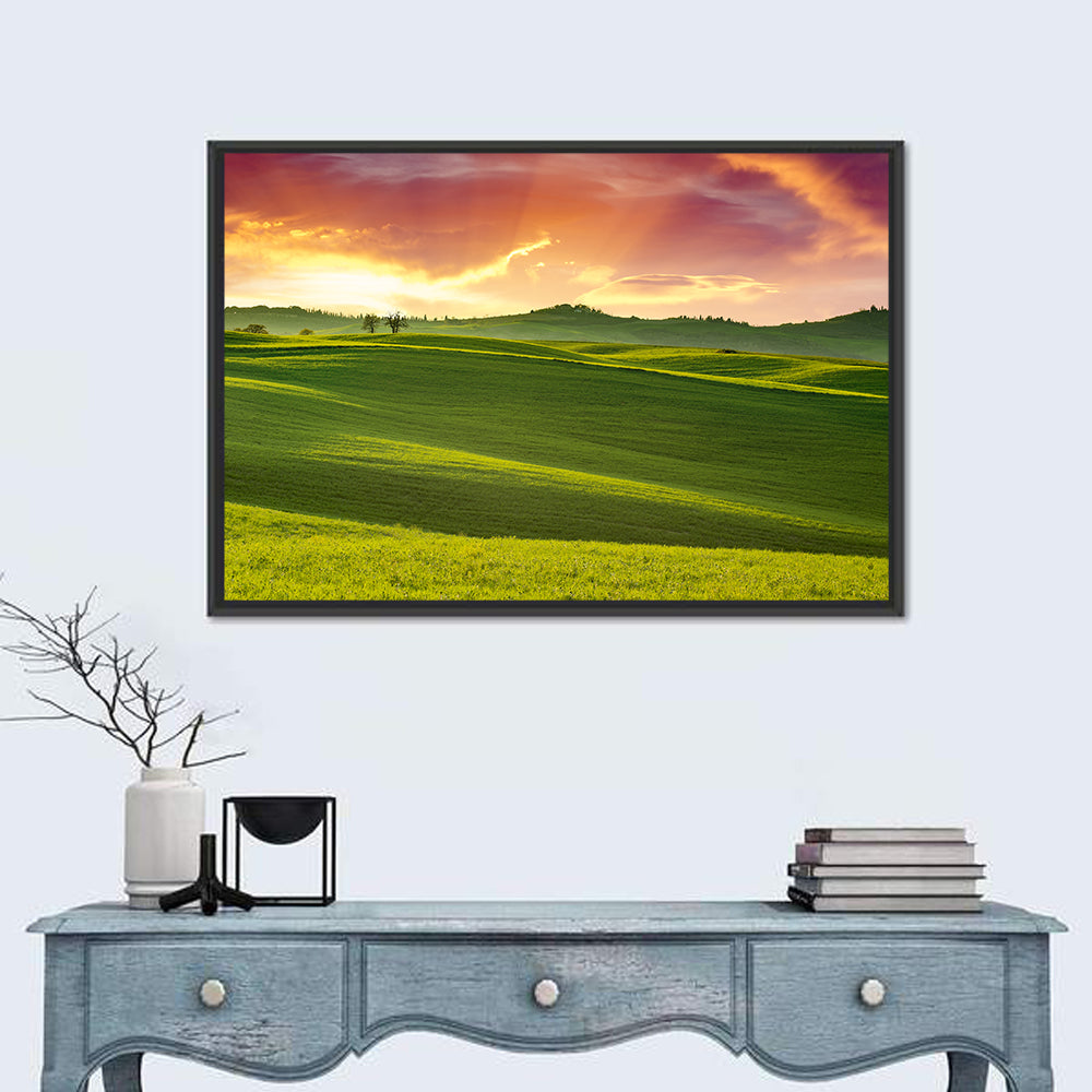 Tuscany Rolling Hills Sunset Wall Art in a room, landscape