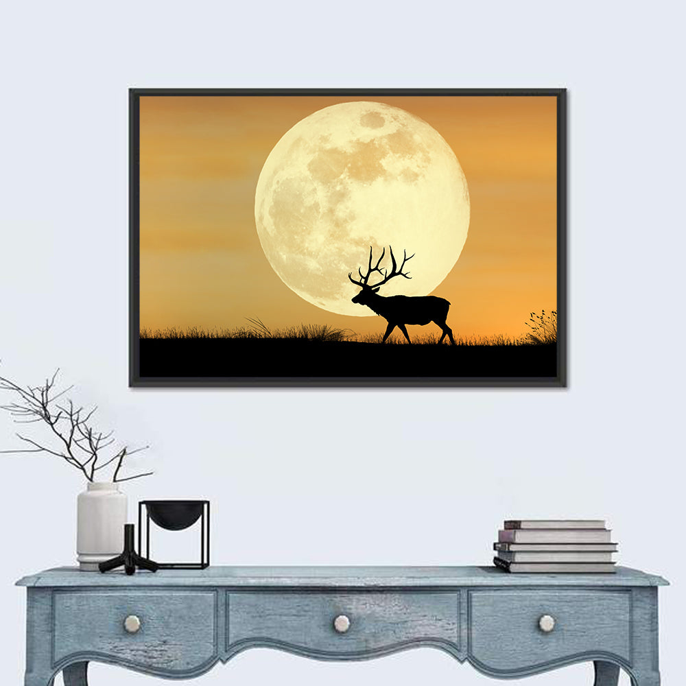 Bull Elk Silhouette Under Supermoon Wall Art in a room, landscape