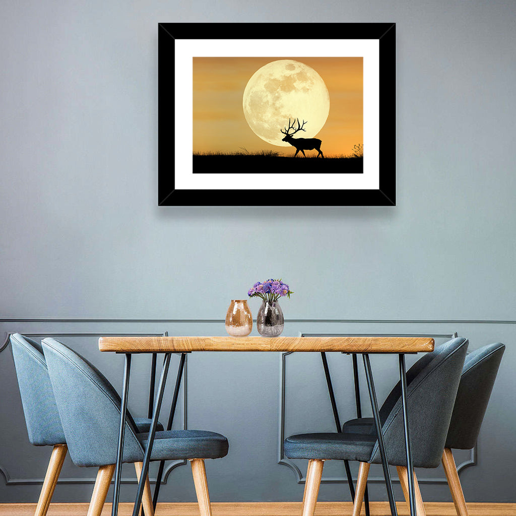Bull Elk Silhouette Under Supermoon Wall Art