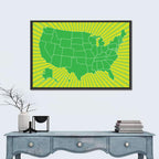 Green Sunburst USA Map Wall Art