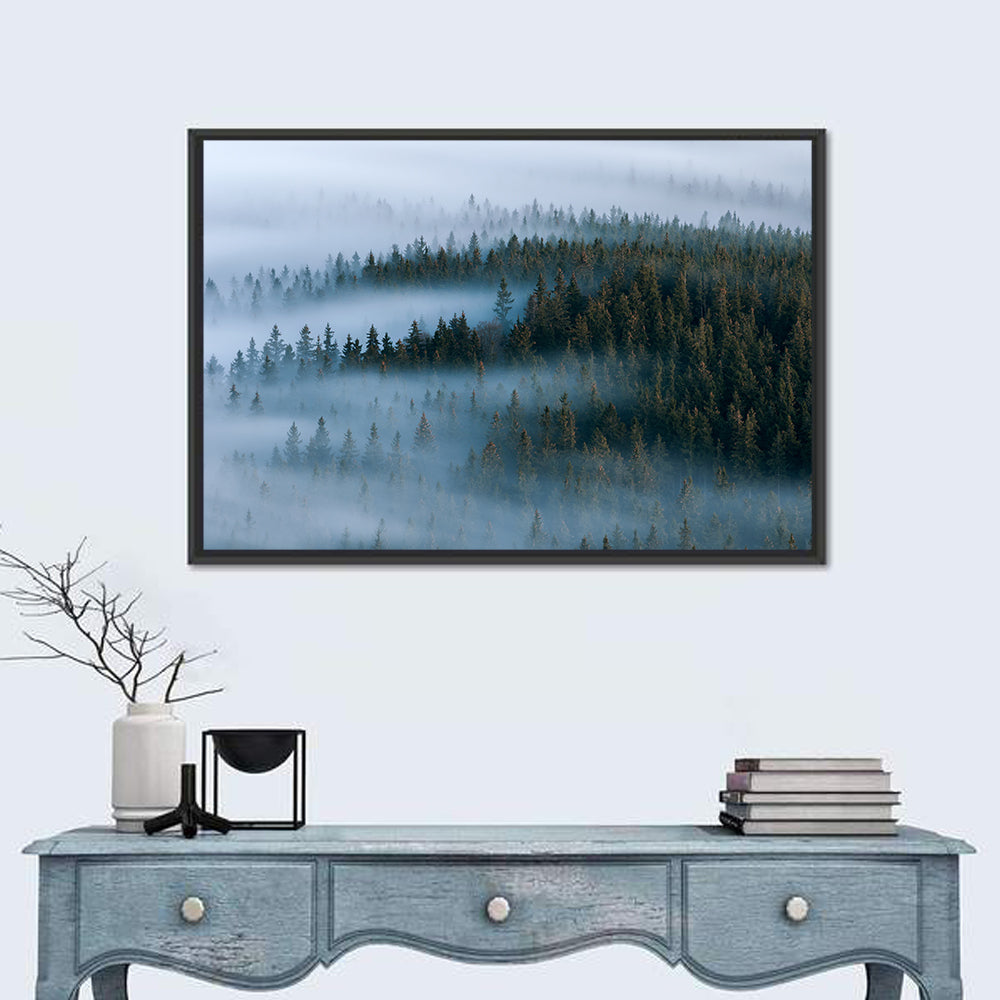 Morning Mist Over Pine Valley Wall Art in a room, landscape