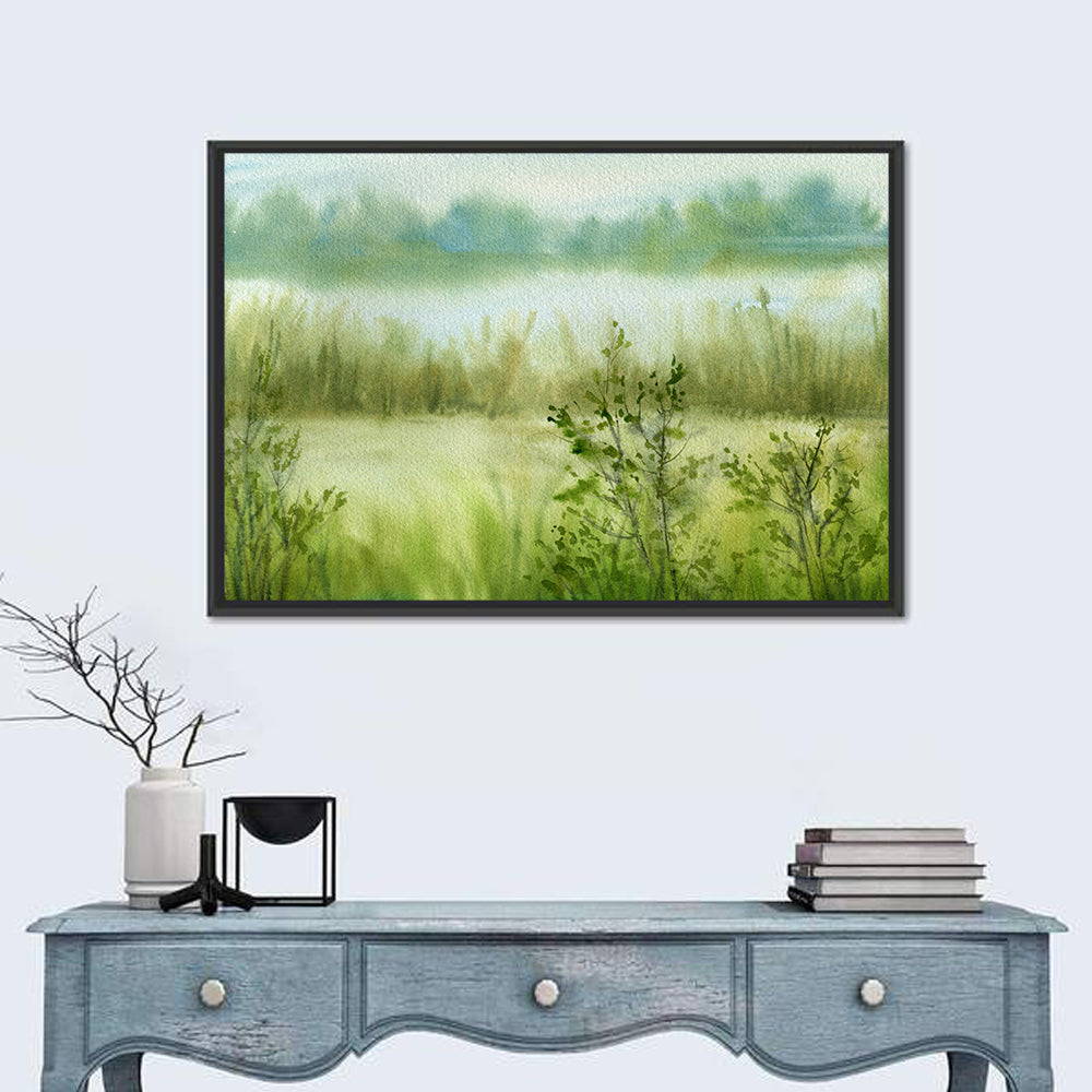 Misty River Meadow Watercolor Wall Art in a room, landscape
