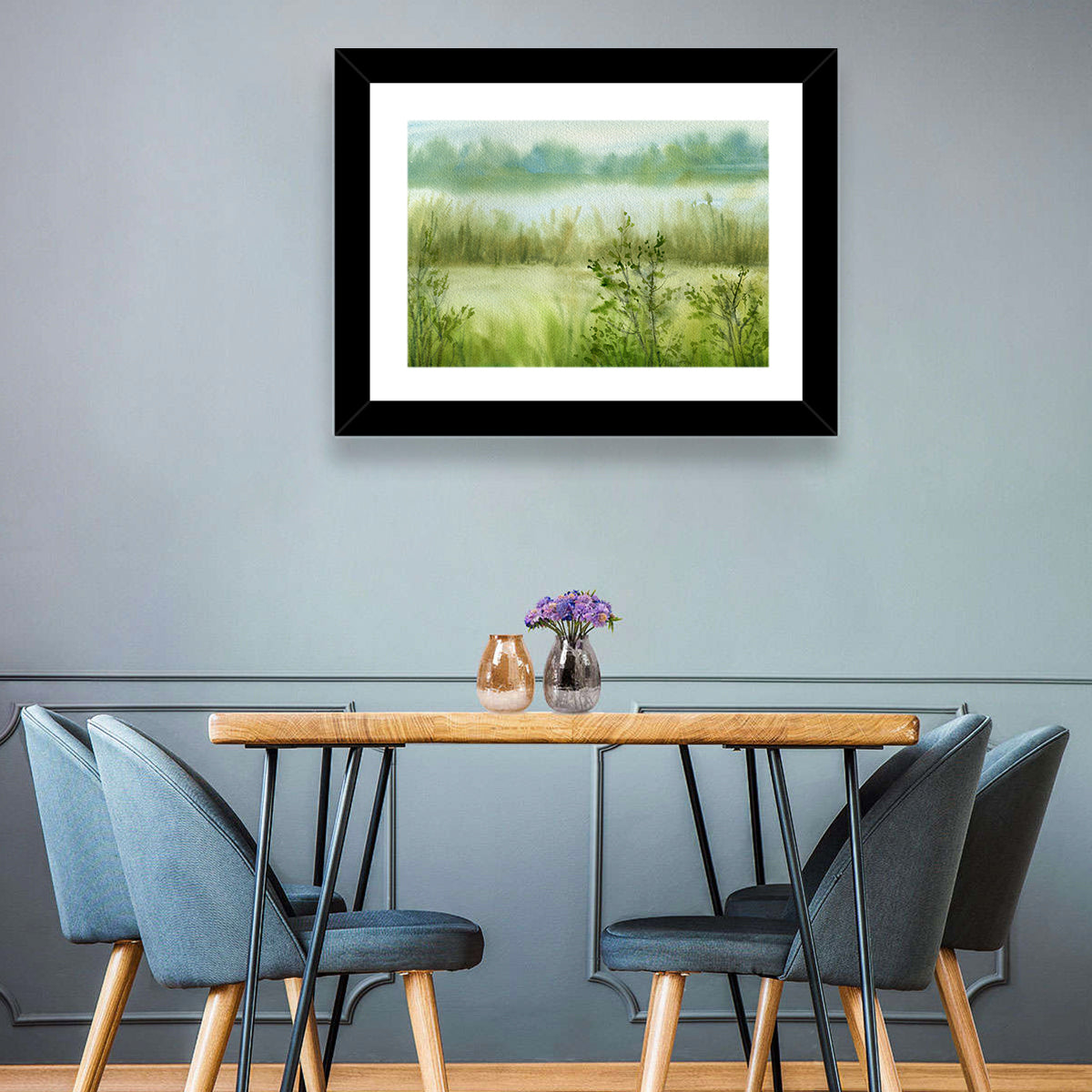 Misty River Meadow Watercolor Wall Art in a room, landscape