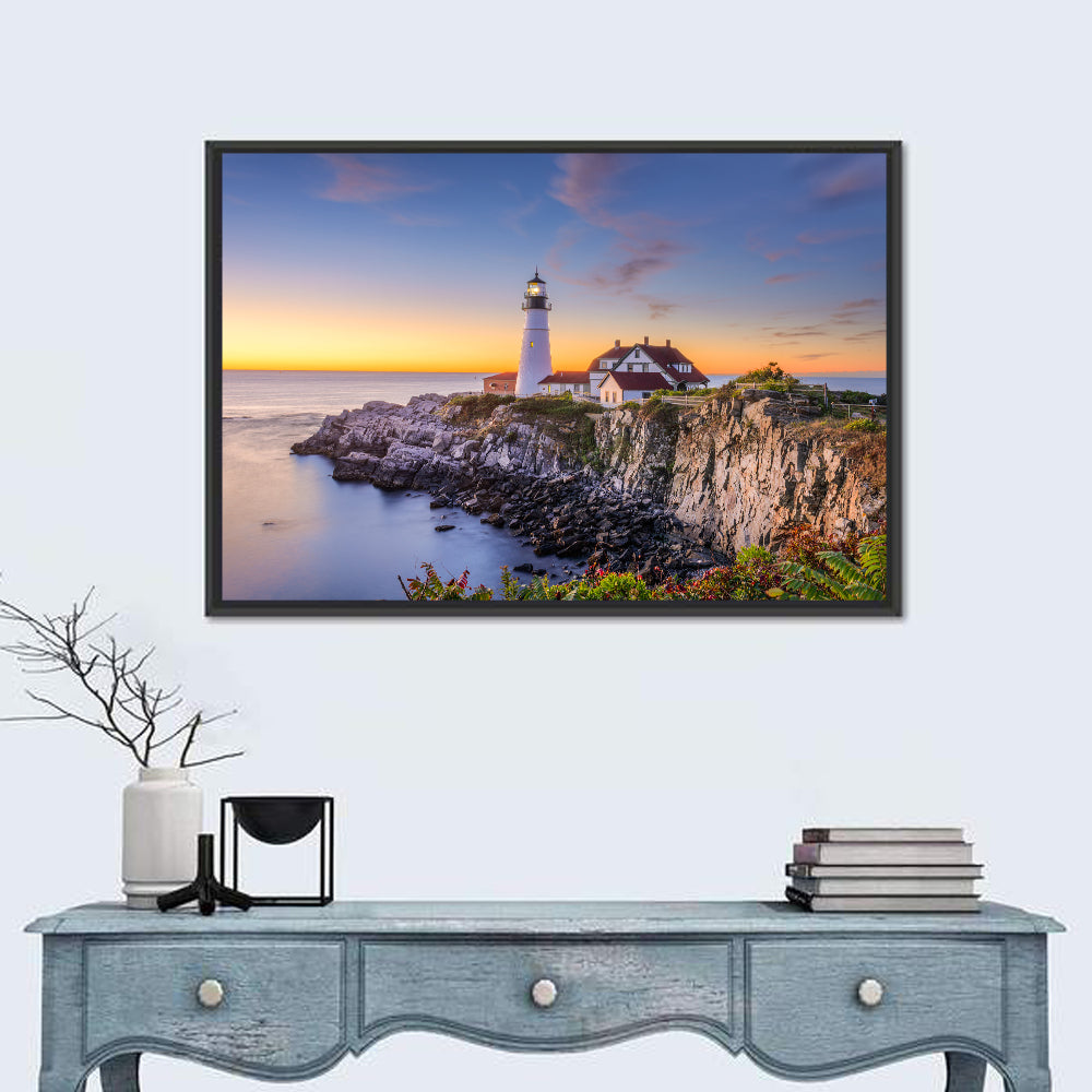 Portland Head Light at Dusk Wall Art in a room, landscape