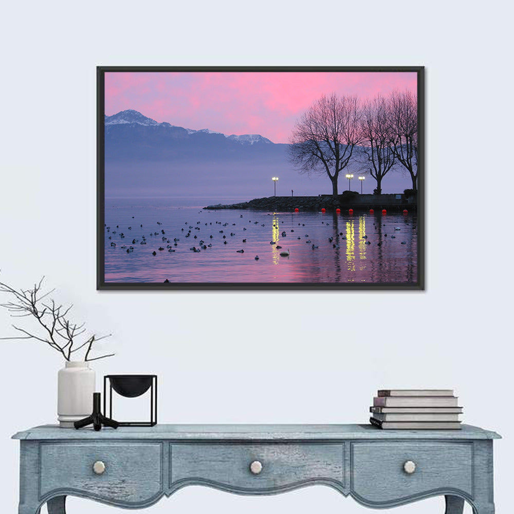 Lake Geneva Twilight Wall Art in a room, landscape