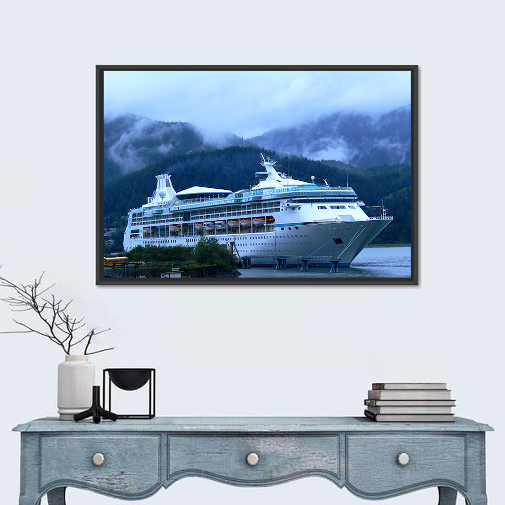 Misty Docked Cruise Ship Wall Art in a room, landscape