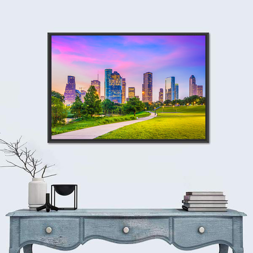 Houston Skyline at Dusk Wall Art in a room, landscape