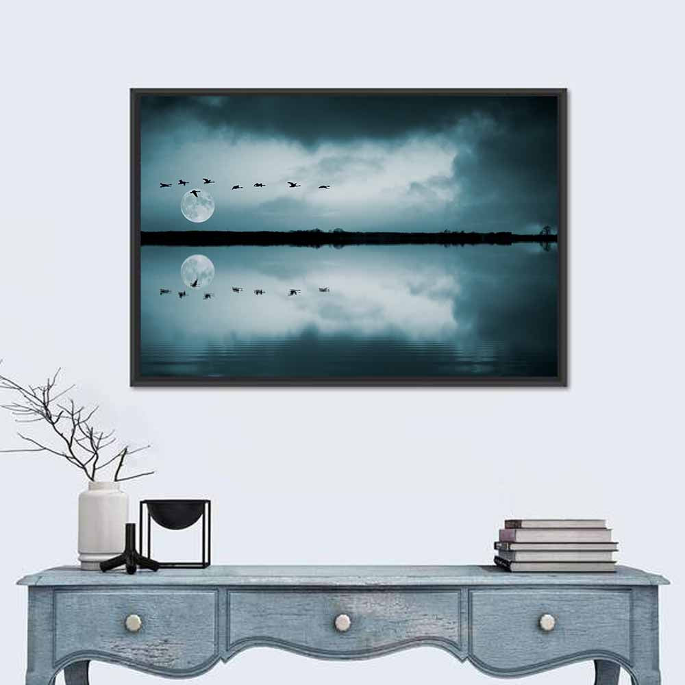 Moonlit Flock Over Lake Wall Art
