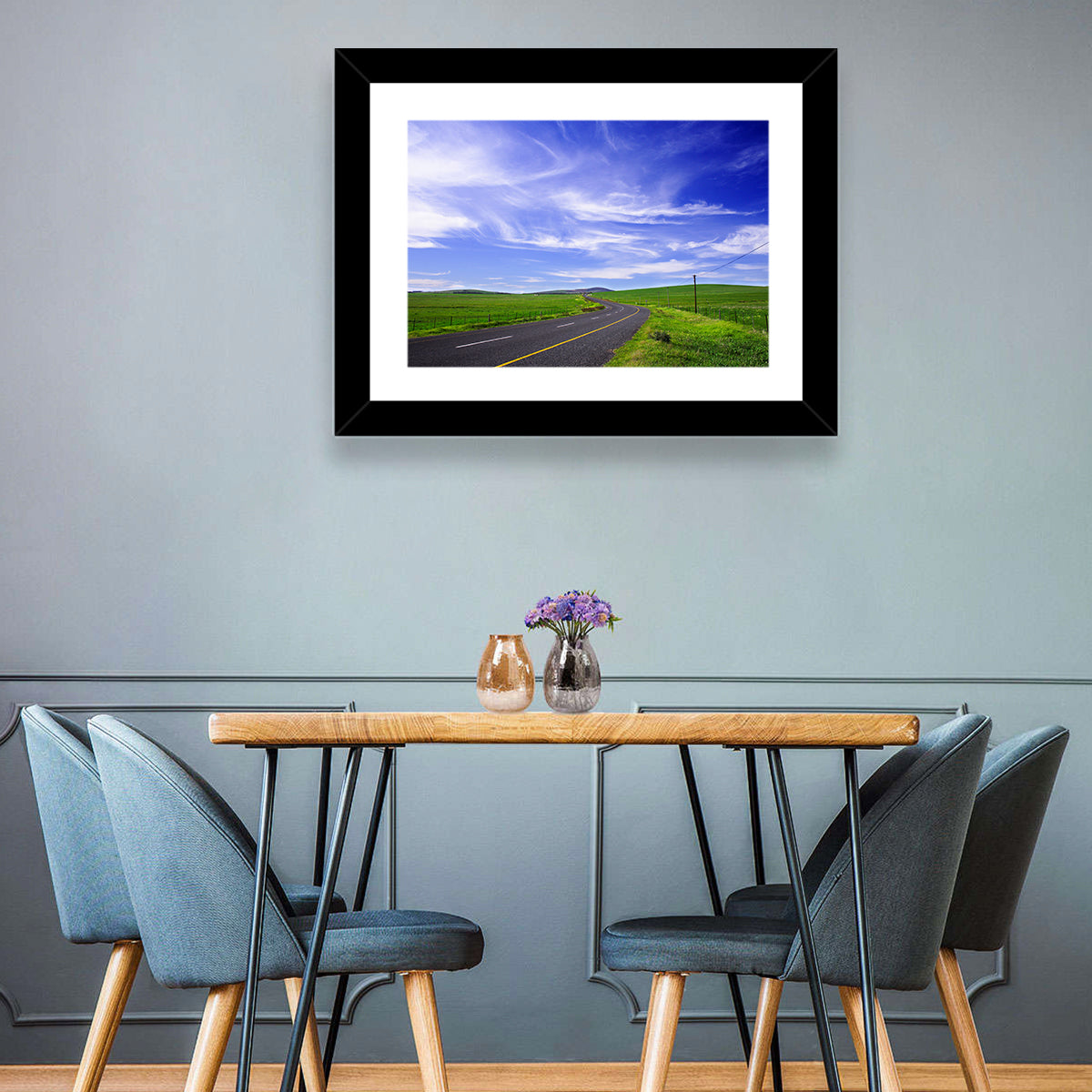Winding Country Road in Green Fields Wall Art in a room, landscape