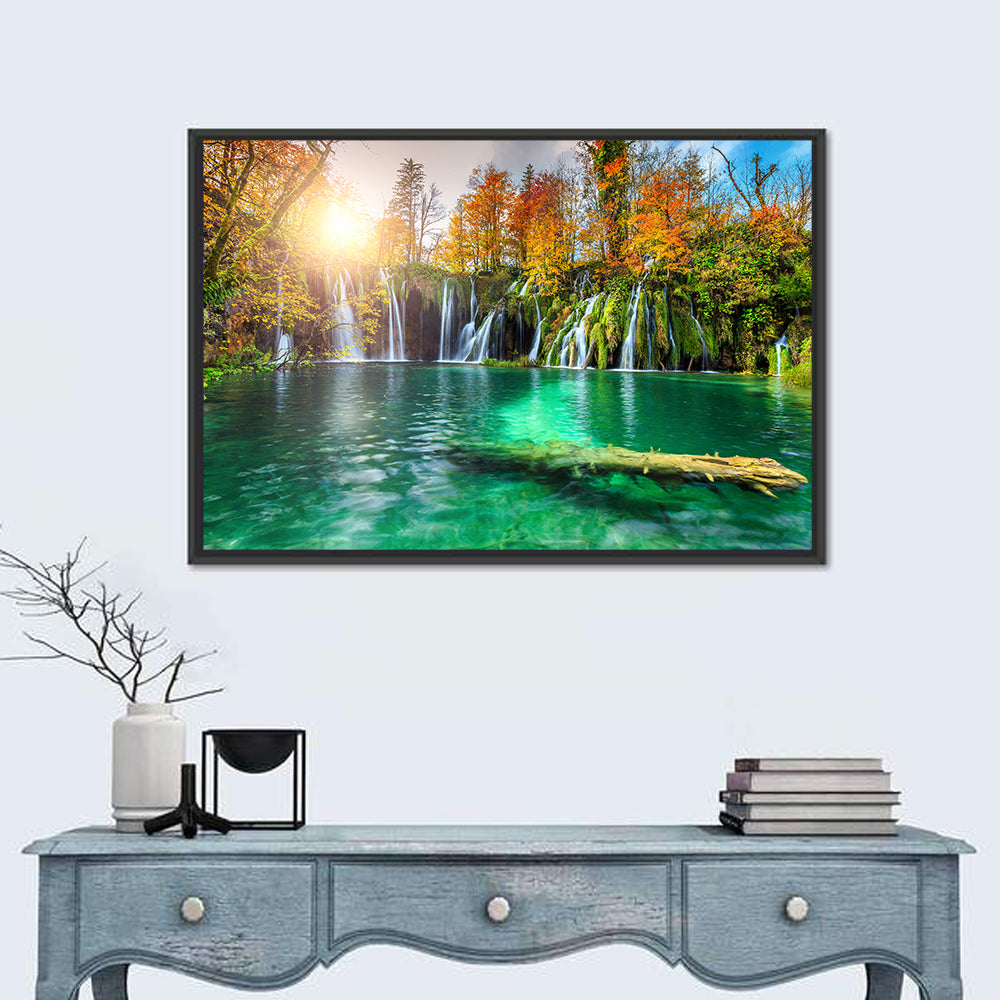 Autumn Waterfalls at Plitvice Lakes Wall Art in a room, landscape