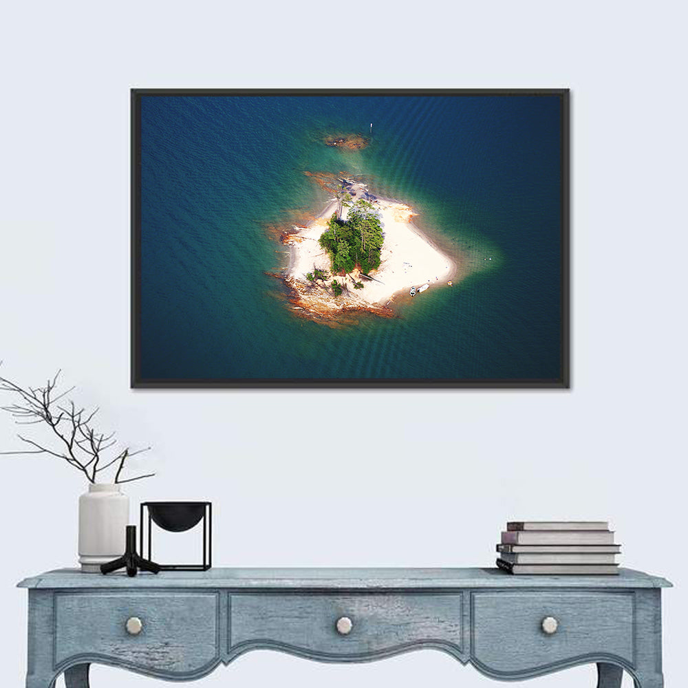 Lake Lanier Island Aerial View Wall Art in a room, landscape