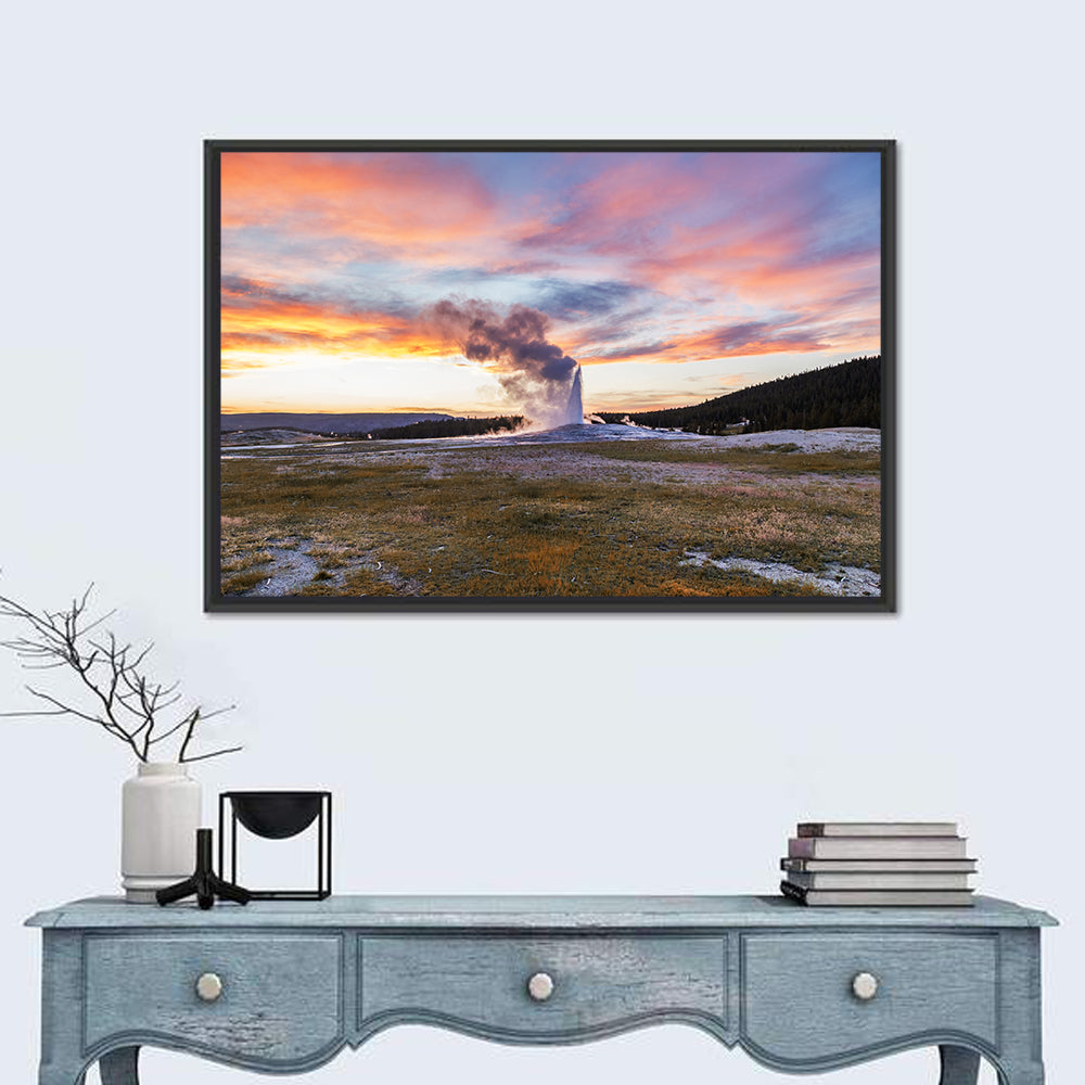 Old Faithful Erupting at Sunset Wall Art