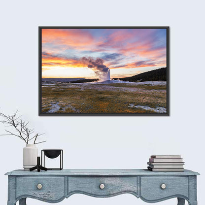 Old Faithful Erupting at Sunset Wall Art