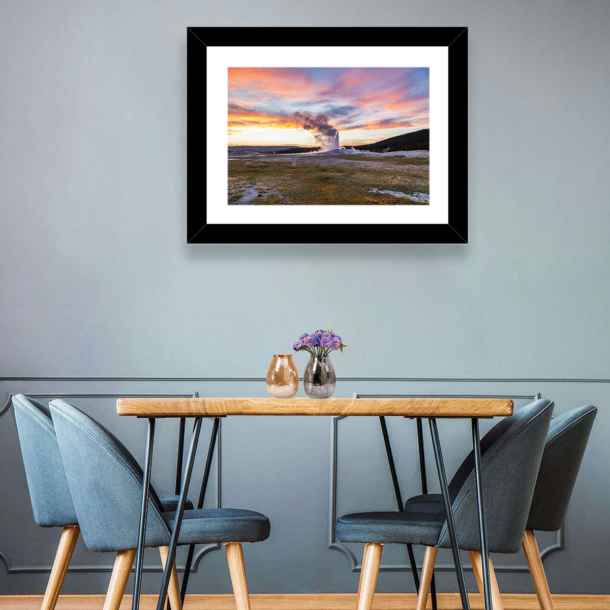 Old Faithful Erupting at Sunset Wall Art