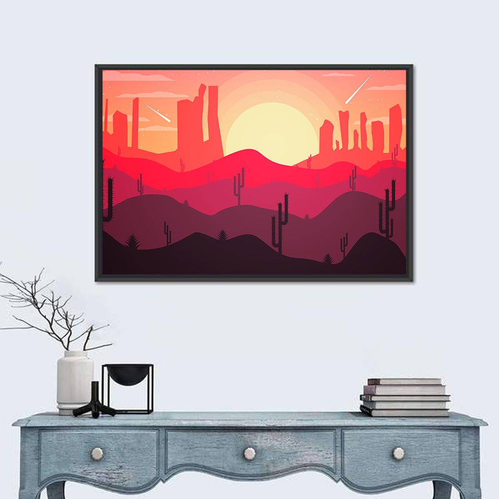 Sunset Desert Cacti Wall Art in a room, landscape