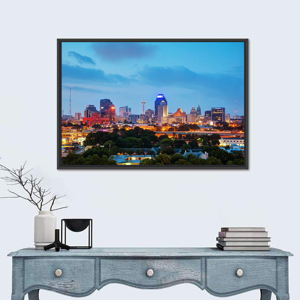 San Antonio Skyline at Dusk Wall Art in a room, landscape