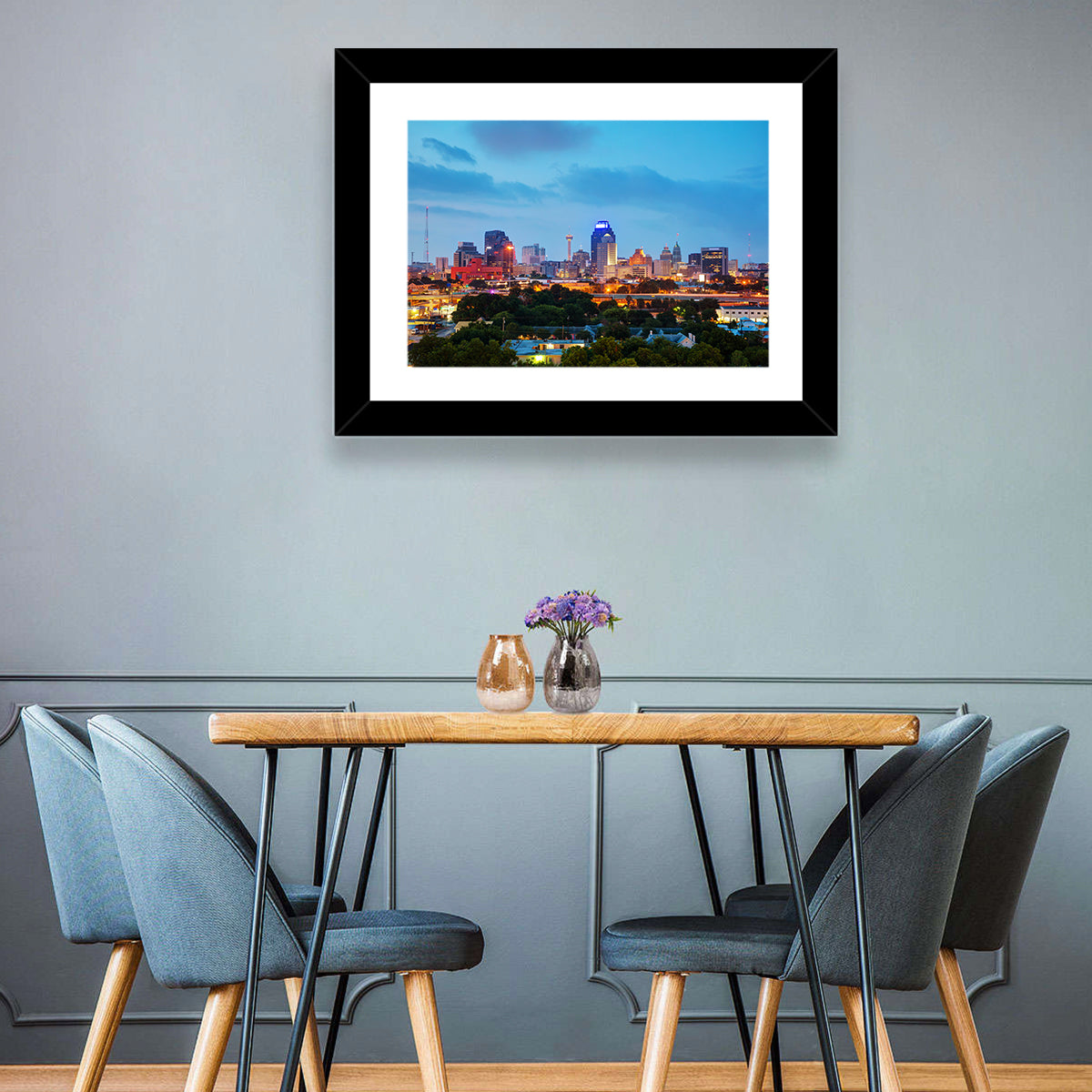 San Antonio Skyline at Dusk Wall Art in a room, landscape
