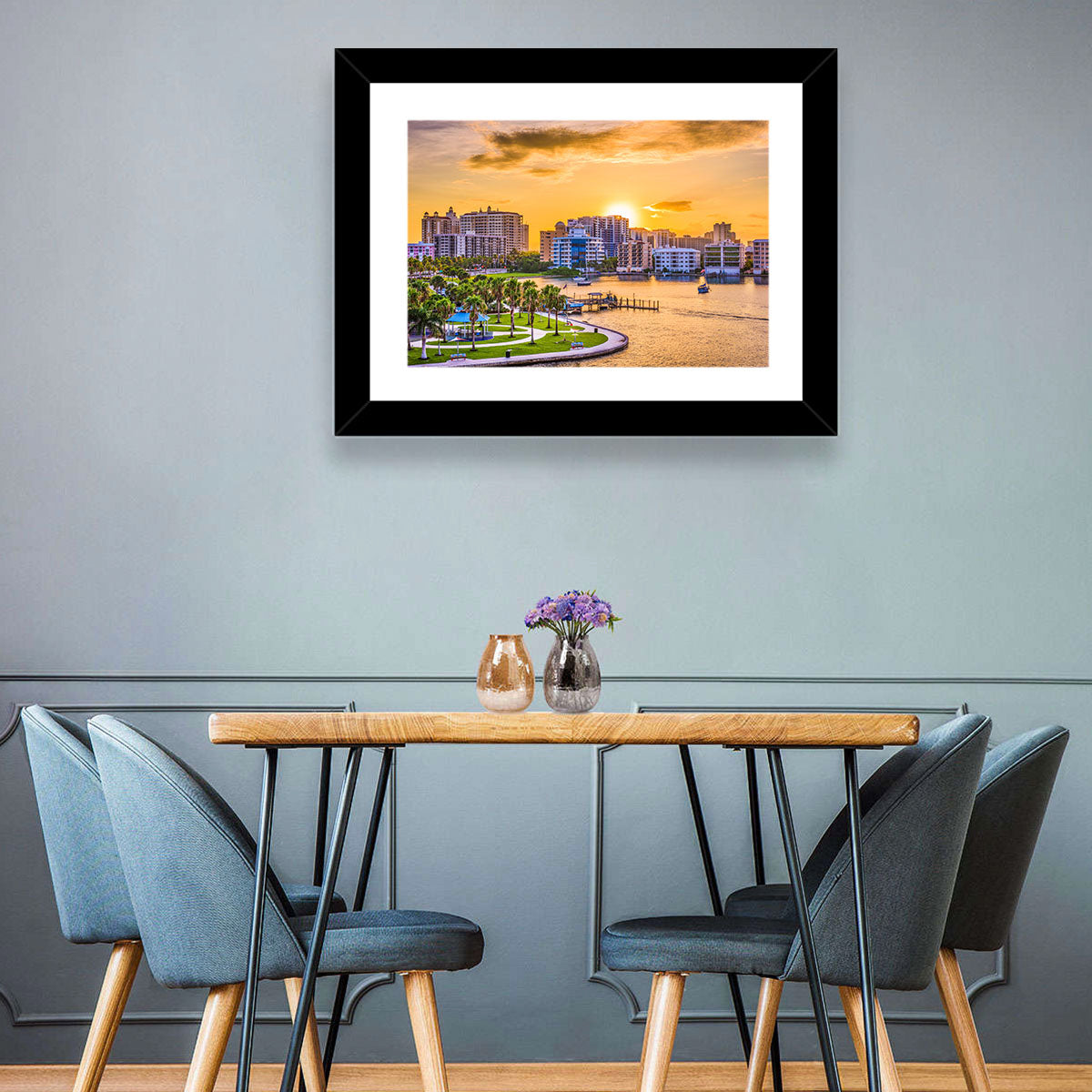 Sarasota Bayfront Sunset Skyline Wall Art in a room, landscape