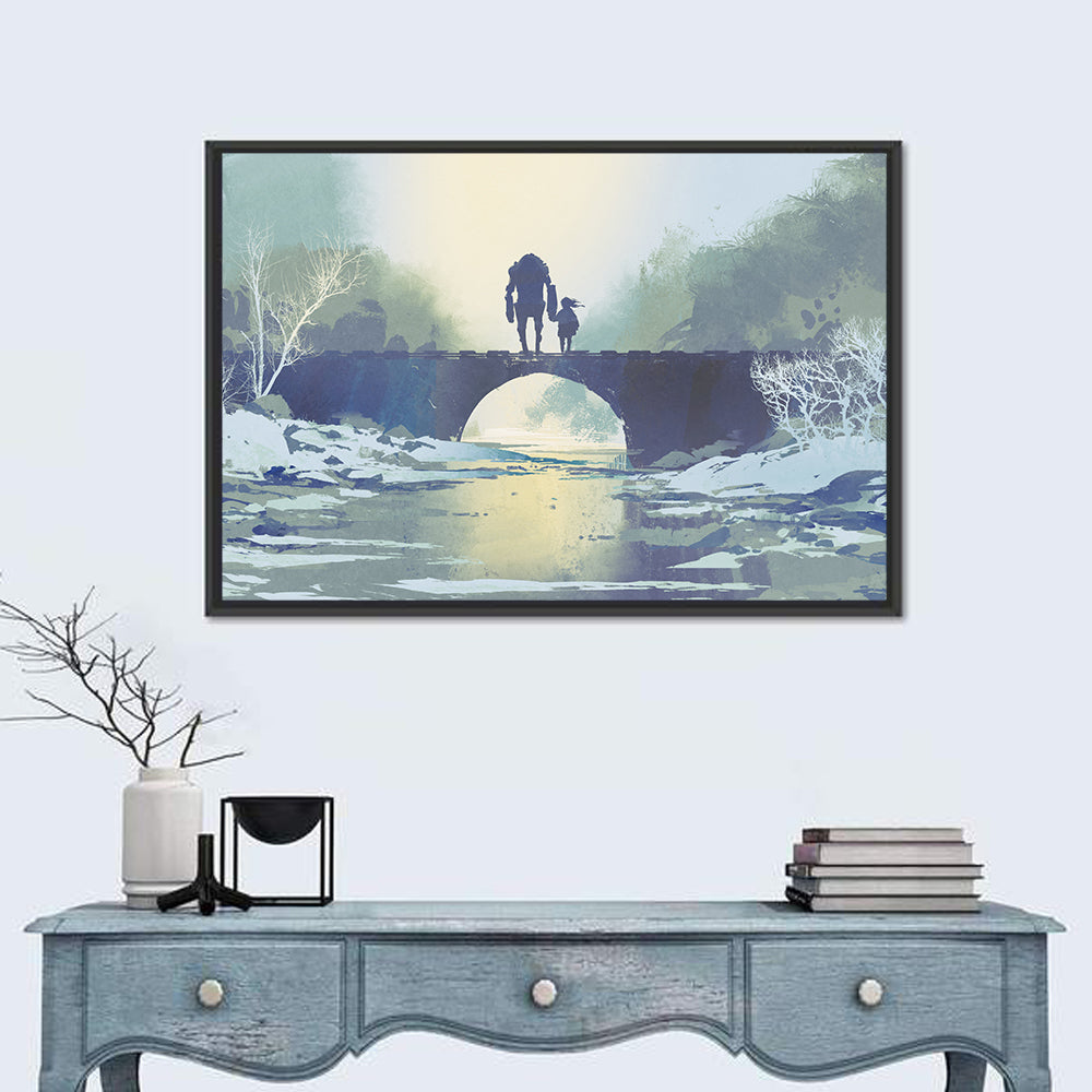 Robot and Little Girl on Bridge Wall Art in a room, landscape