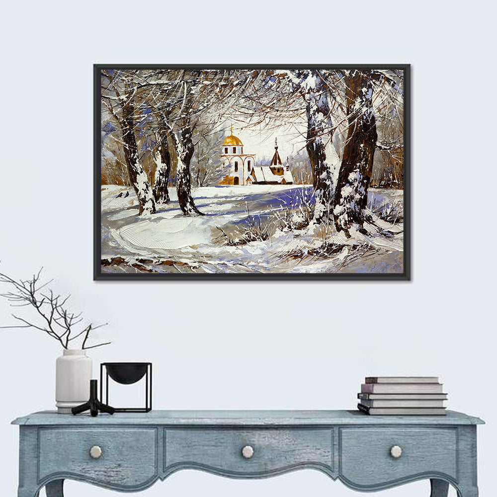 Winter Church with Gold Dome Wall Art in a room, landscape