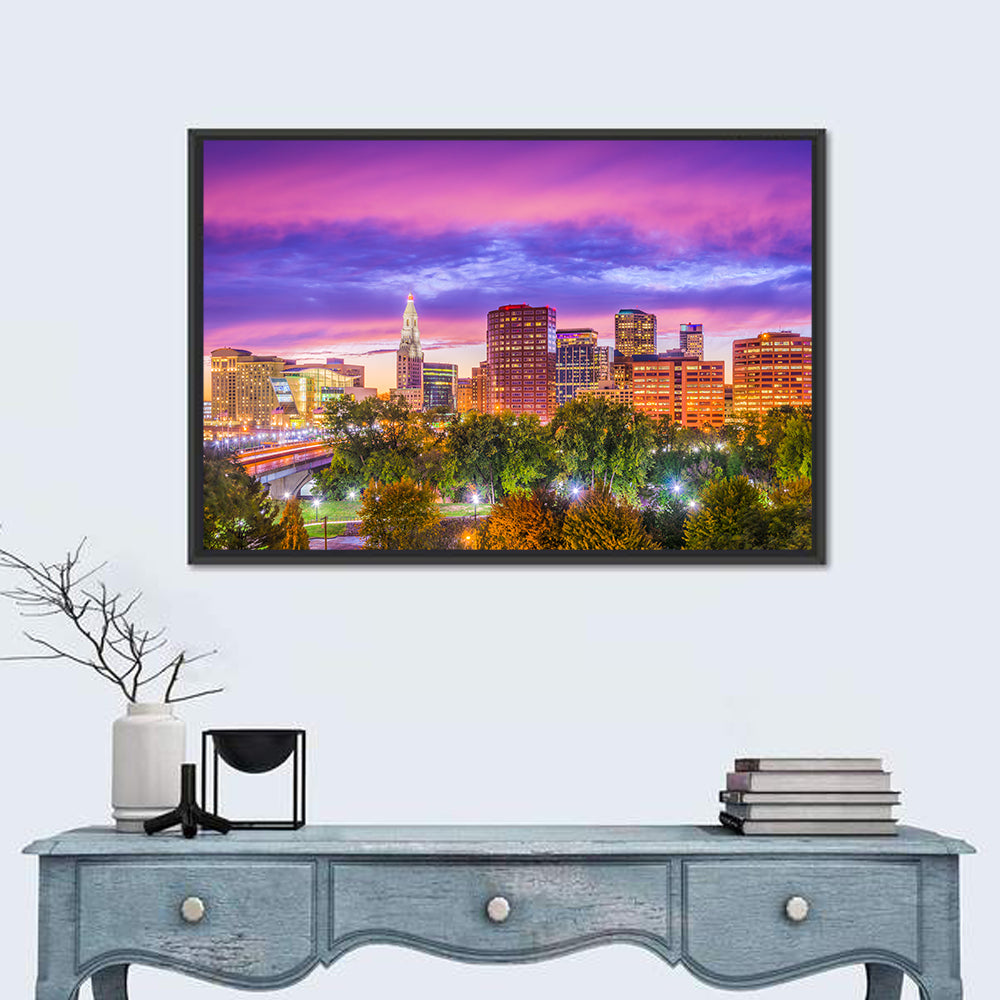 Hartford Skyline at Dusk Wall Art in a room, landscape