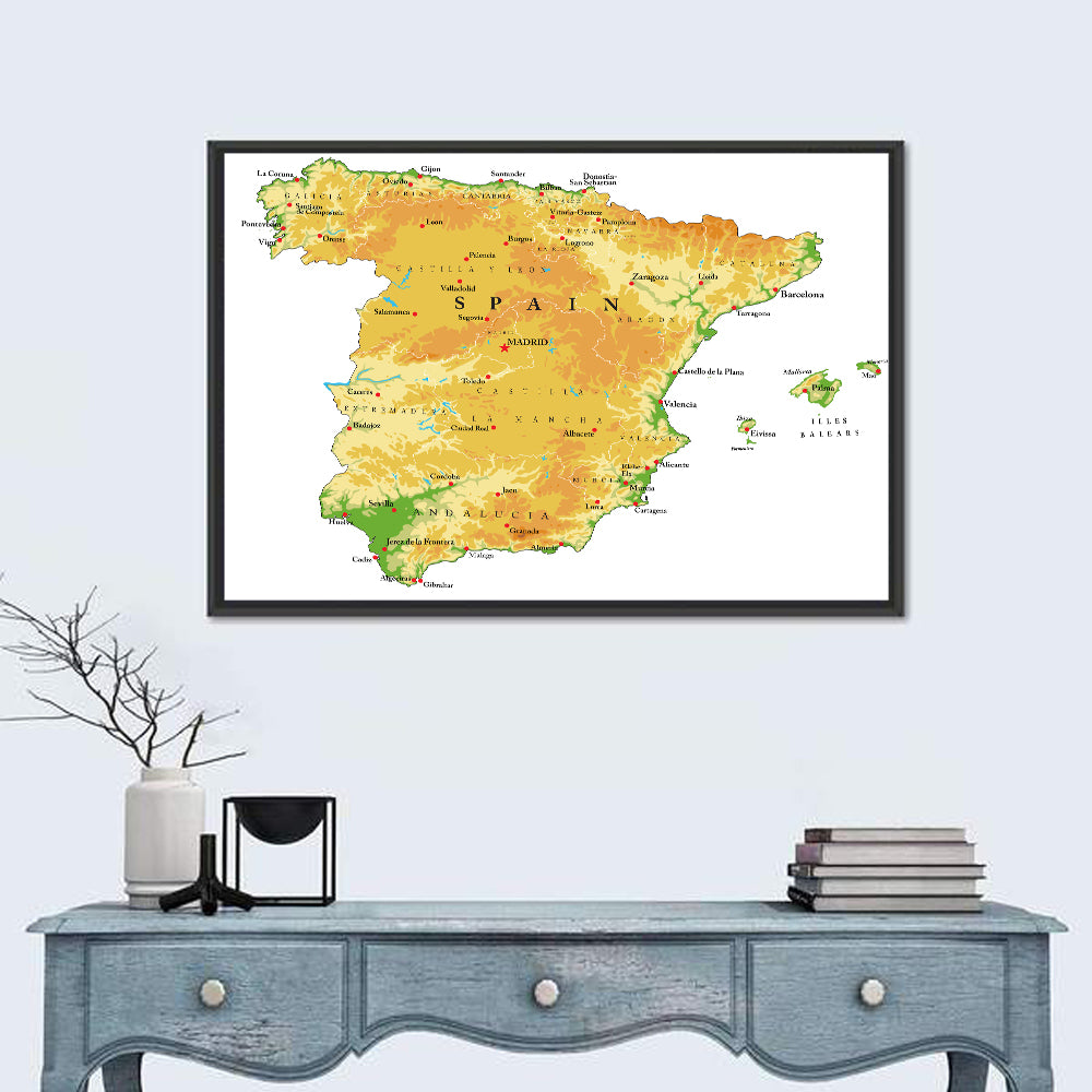 Spain Topographic Relief Map Wall Art