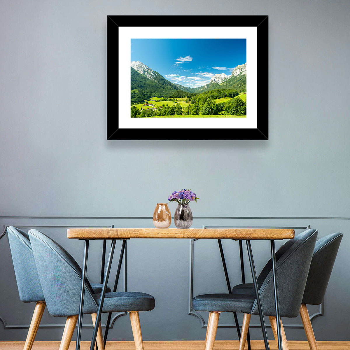Bavarian Alpine Valley Wall Art in a room, landscape