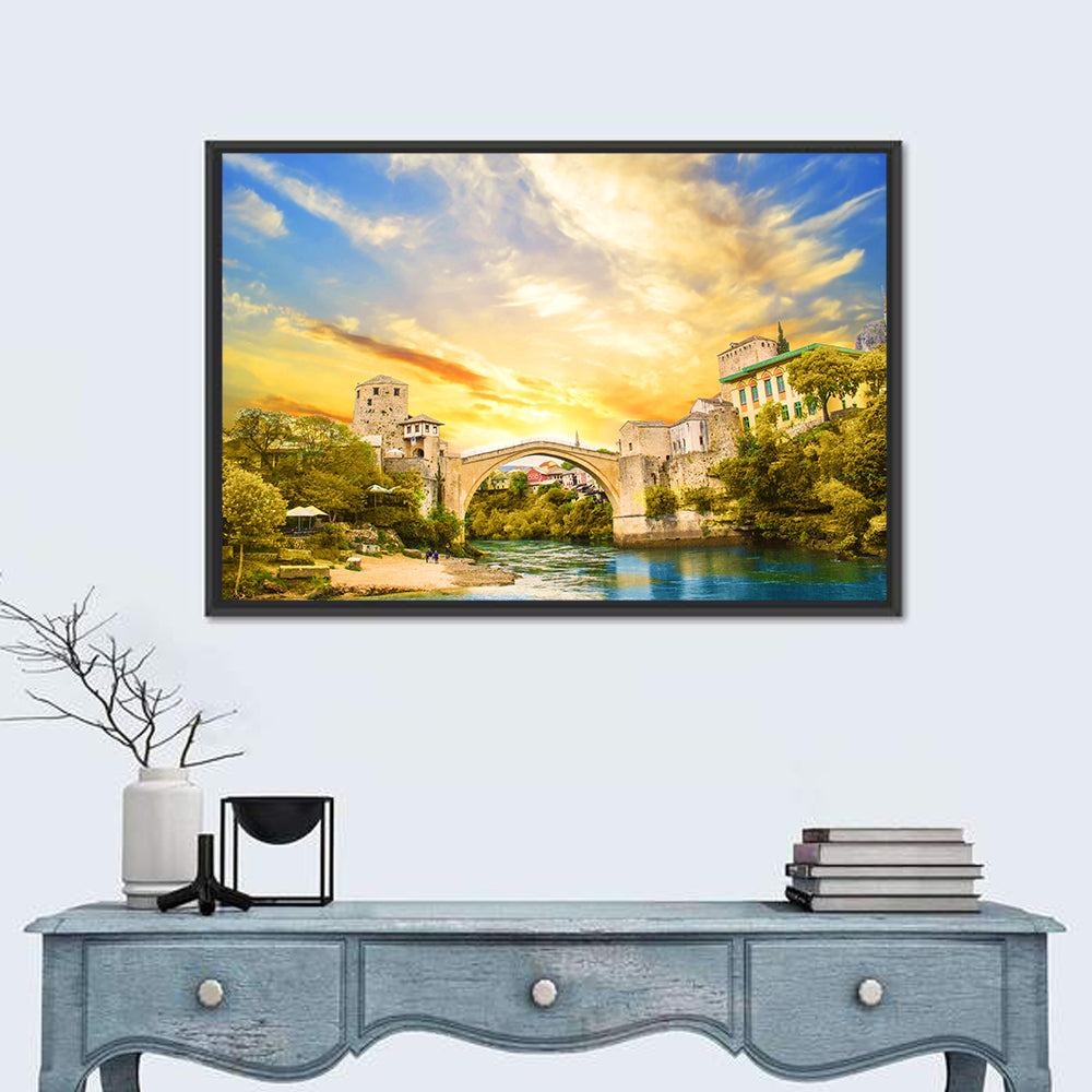 Stari Most at Sunset Wall Art in a room, landscape
