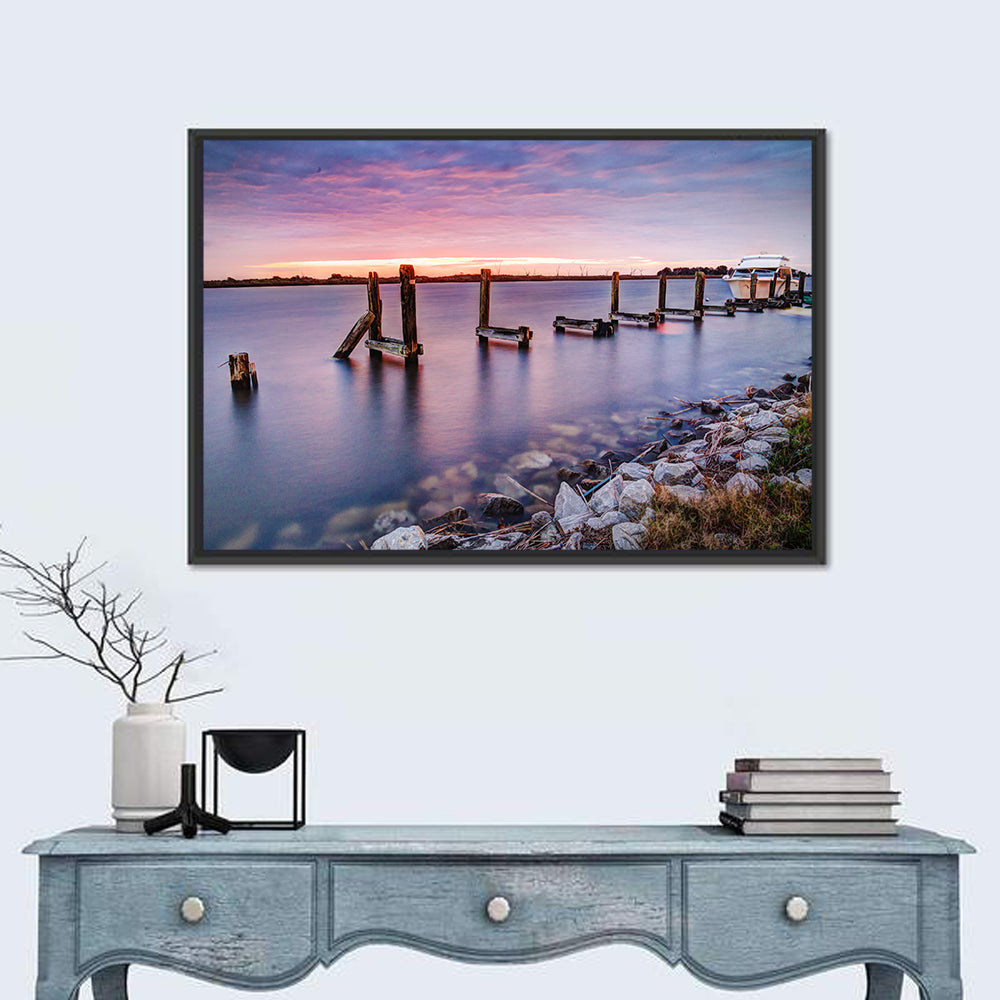 Bayou Lafourche Dock Sunrise Wall Art in a room, landscape