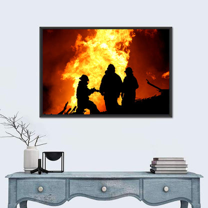 Firefighters Silhouetted Against Flames Wall Art