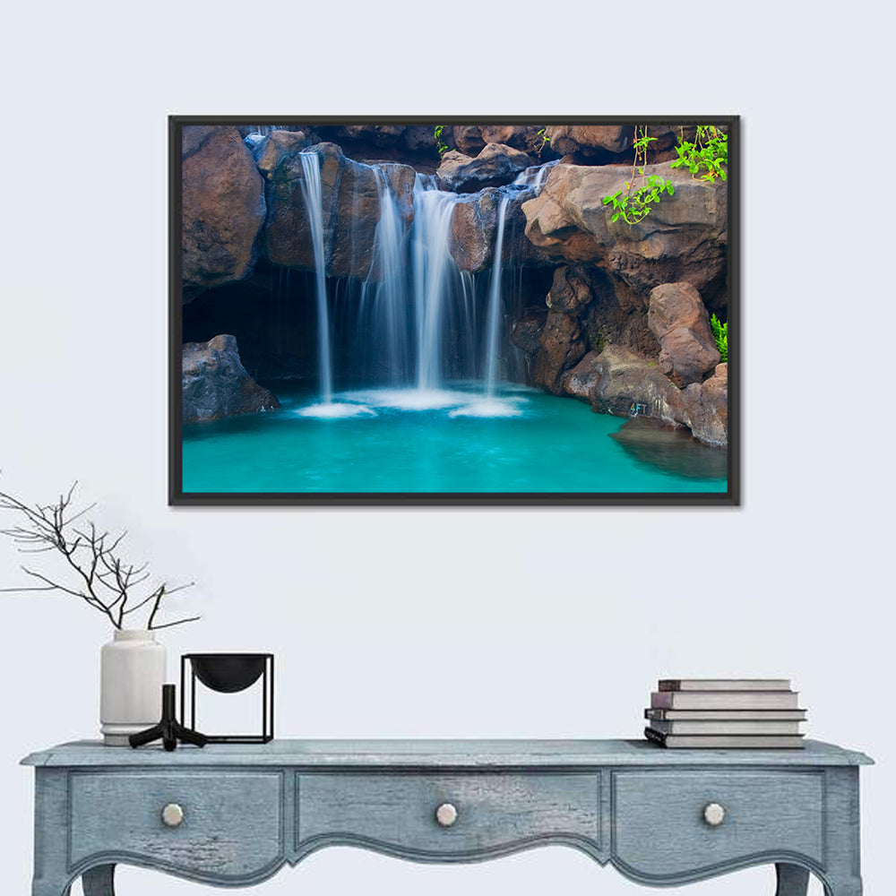 Waterfall Into Turquoise Pool Wall Art in a room, landscape
