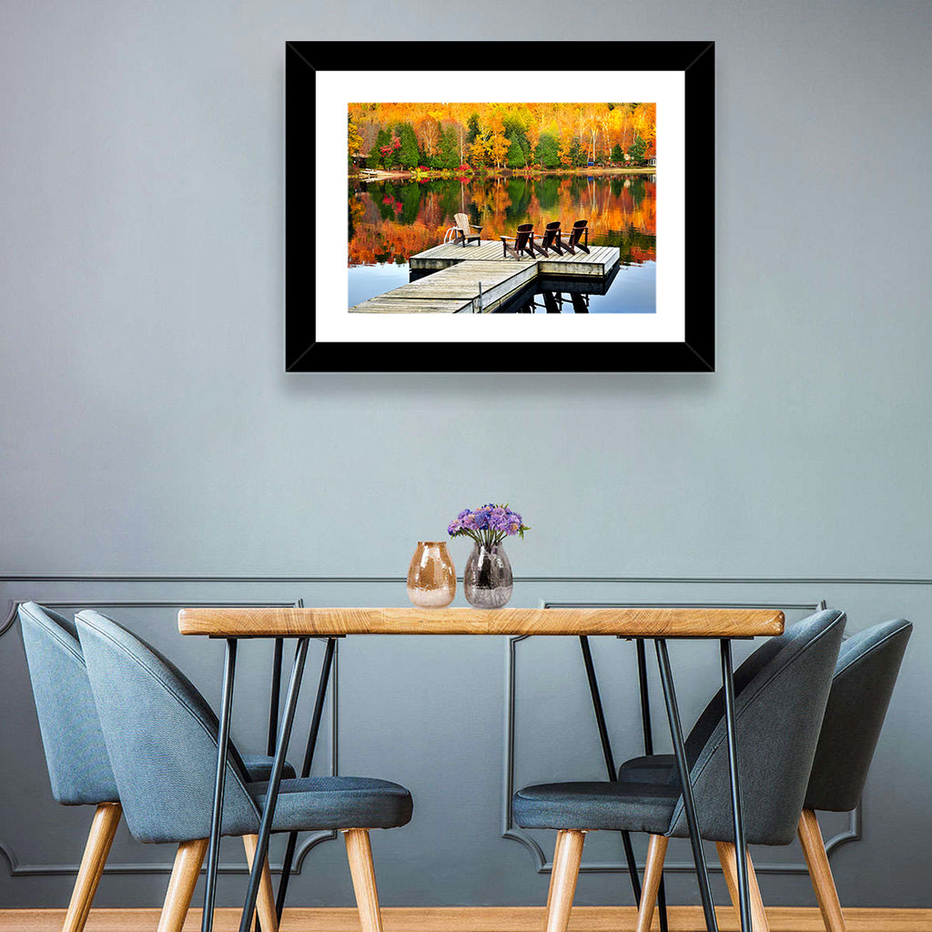 Autumn Lake Dock with Adirondack Chairs Wall Art