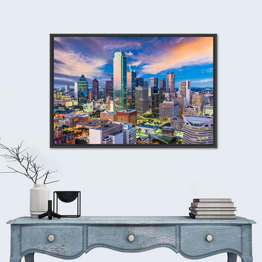 Dallas Twilight Skyline Wall Art in a room, landscape