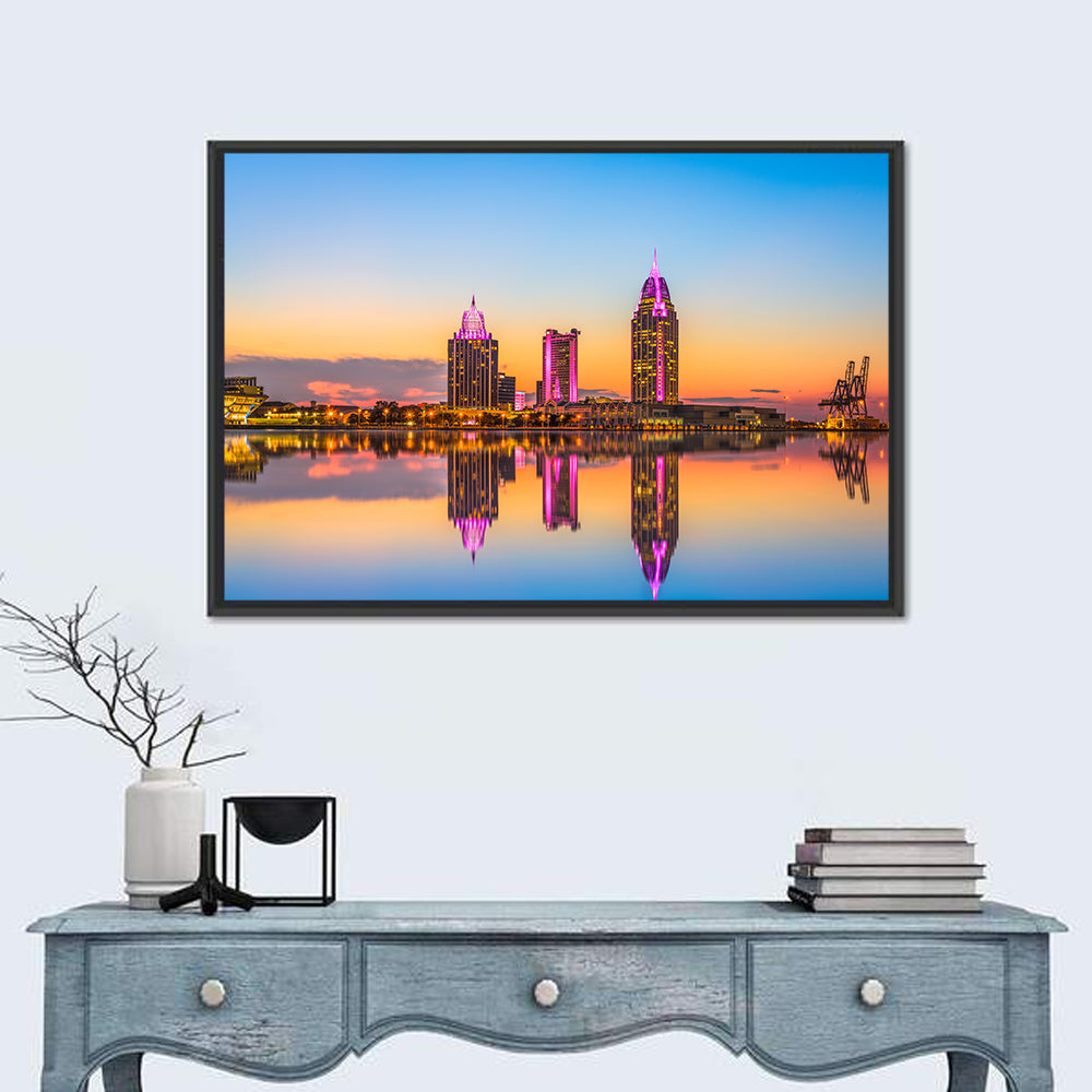 Mobile Alabama Sunset Skyline Wall Art in a room, landscape