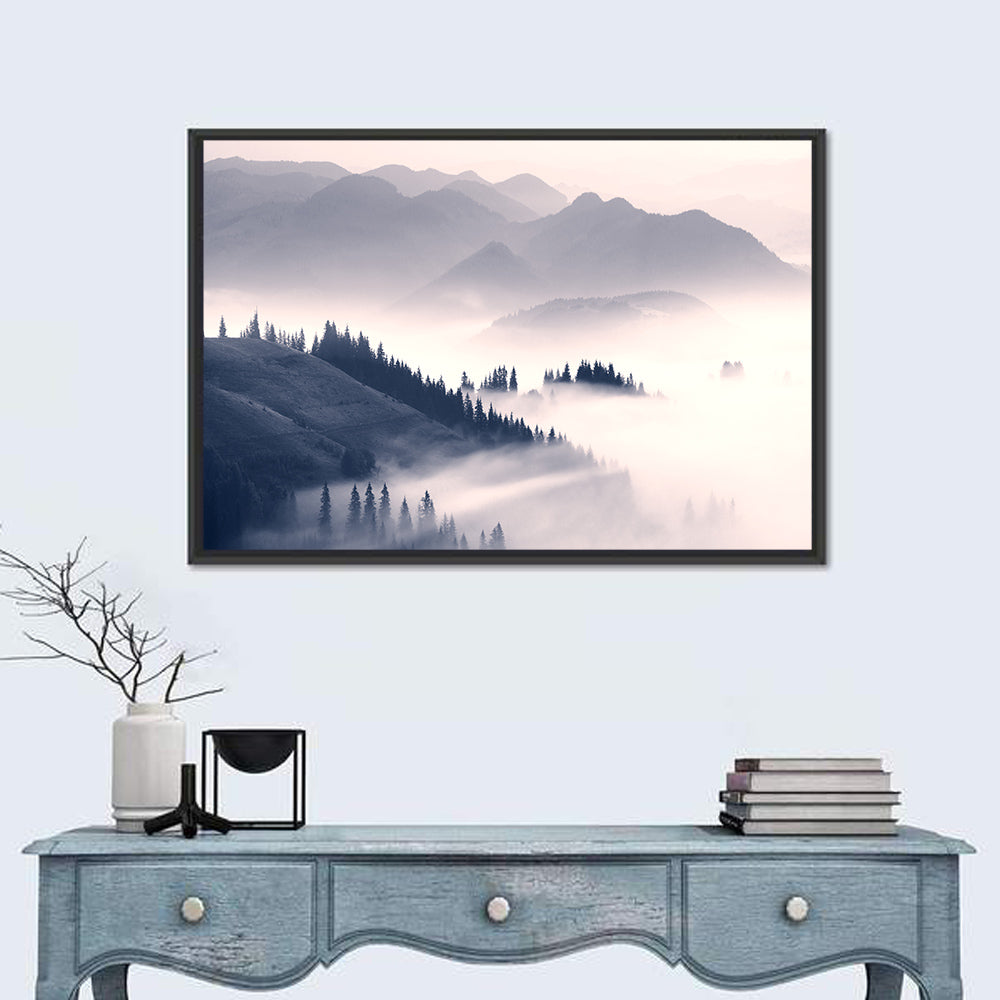 Carpathian Morning Mist Wall Art in a room, landscape