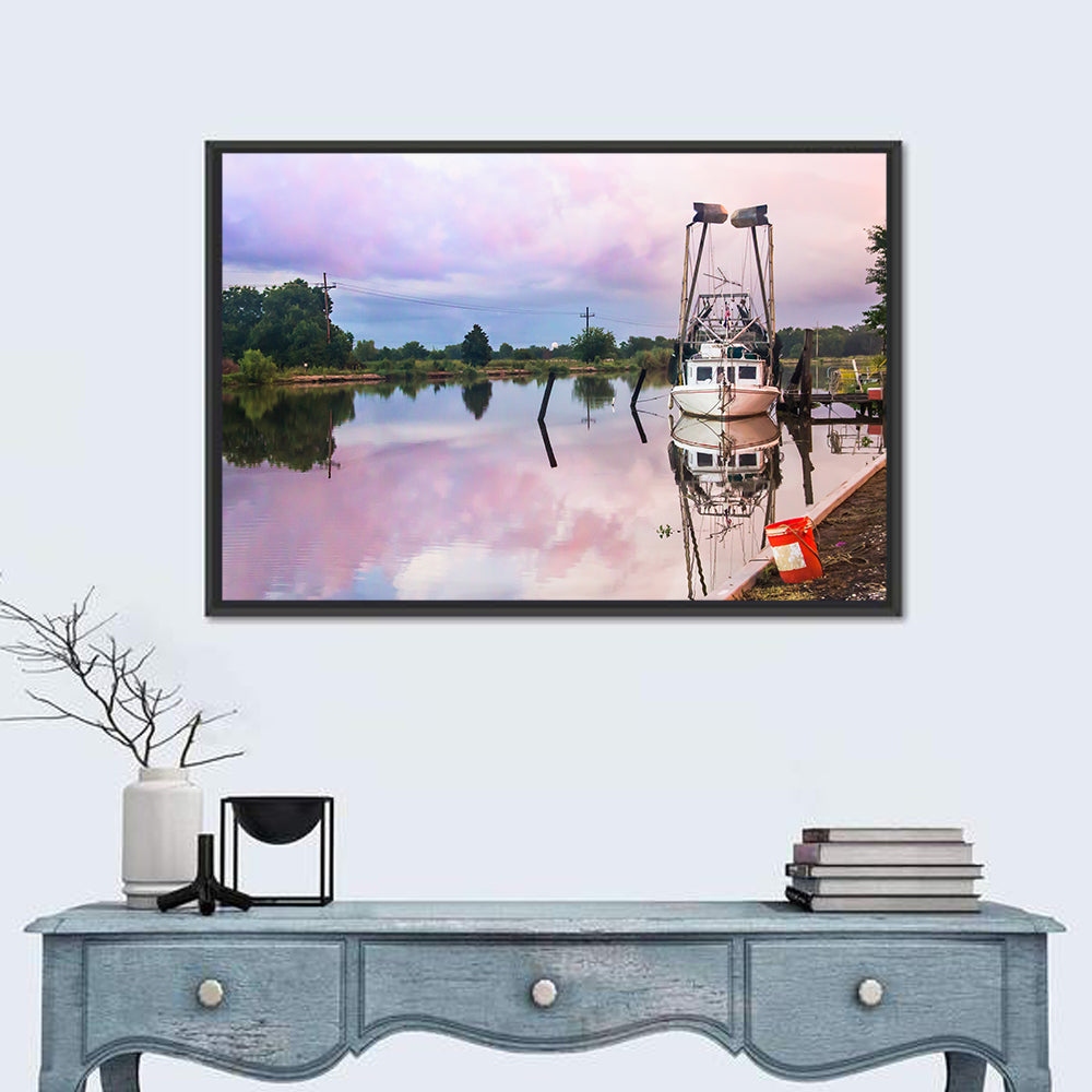 White Shrimp Boat on Louisiana Bayou Wall Art in a room, landscape