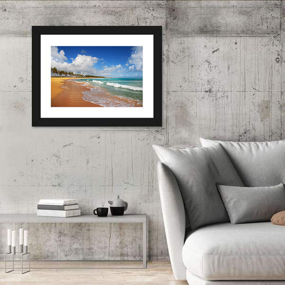 Palm Lined Tropical Coast Wall Art in a room, landscape