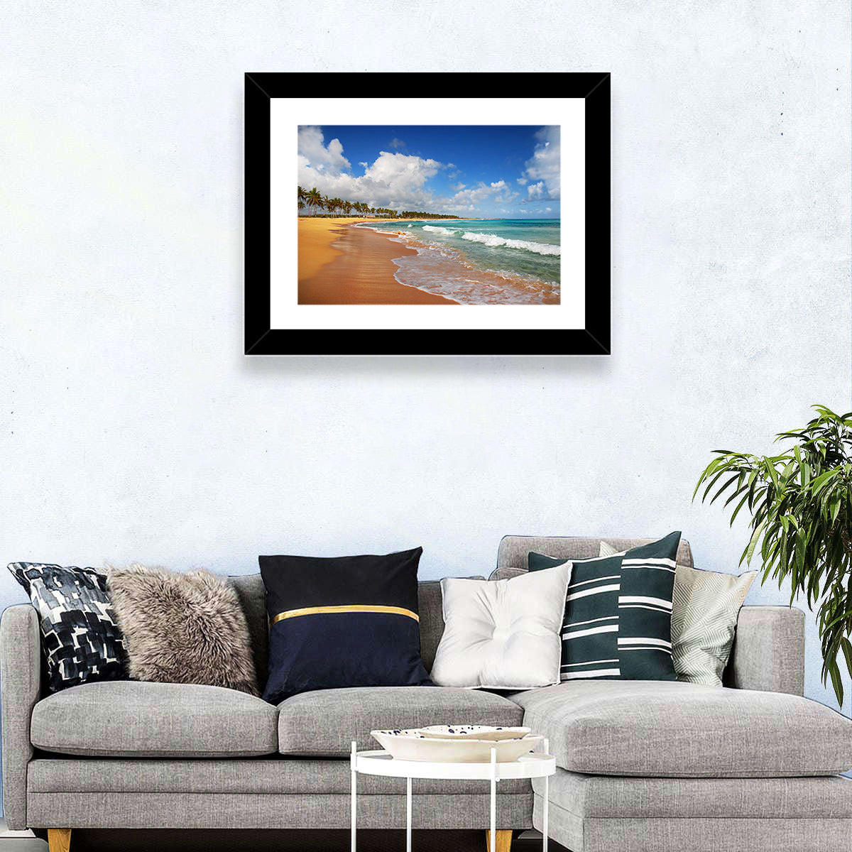 Palm Lined Tropical Coast Wall Art in a room, landscape