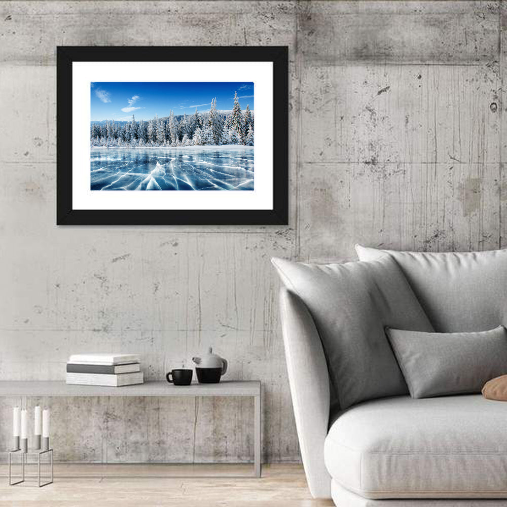 Cracked Ice Lake with Snowy Pines Wall Art